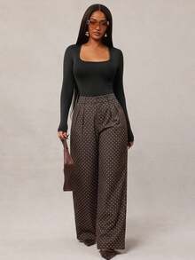 Pantalones anchos de pierna ancha de color café oscuro de moda minimalista para mujeres, pantalones de oficina de pierna ancha de color marrón para mujeres con cintura alta, pantalones de traje marrón para otoño/invierno - Café integral 3 - Ver 4