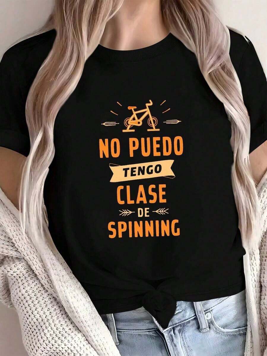 Camiseta de manga corta para mujer 2026 - Divertido eslogan "Spinning Bike" en impresión en español, estilo casual y cómodo, adecuada para clases de spinning y para estudiantes de español.Solo para mujeres - Negro - Ver 1