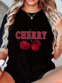 Women's Vintage Summer T-Shirt, Elegant Cherry Print, Short Sleeve, Round Neck, Knit Fabric, Spring Summer Collection, Love Theme For Valentine's Day, Sizes S-3XL, Modern And Cool Women's Clothing - 黑色 - 查看 7