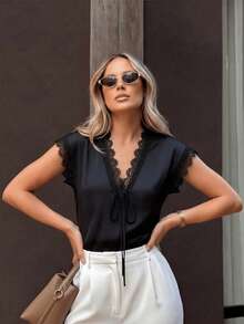 1pc Women's Solid Color Sweet Satin & Lace Splice V-Neck Tie Waist Loose Casual Blouse, Lace Splice Tie Neck Sleeveless Solid V-Neck Top, Suitable For Beach, Night, Office, Daily Wear, All Seasons, Black Color For Summer - Black - View 6