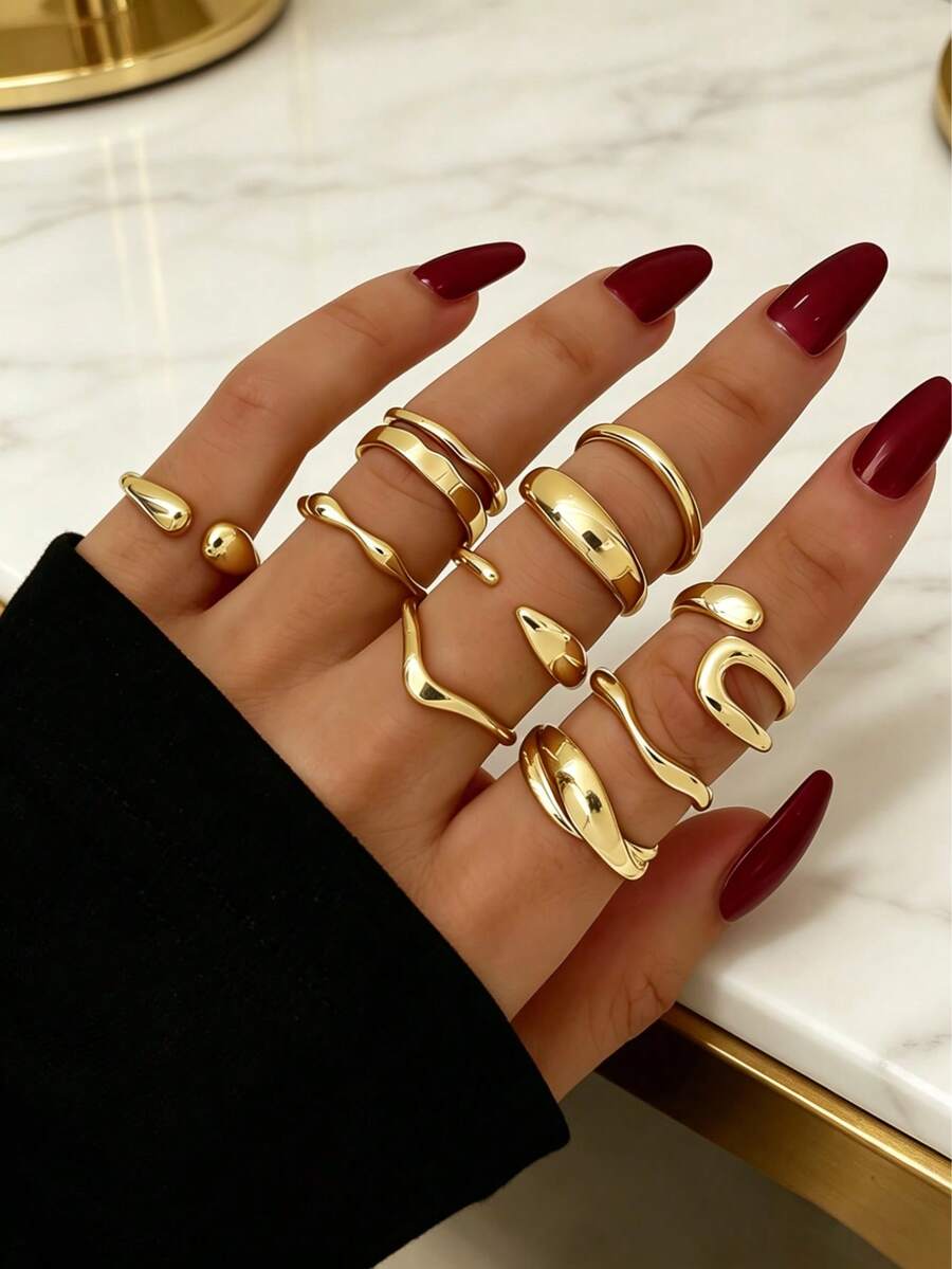 Bộ 10 chiếc nhẫn đá mã não bất đối xứng phong cách Bohemian, nhẫn kim loại trơn tối giản, thích hợp cho kỳ nghỉ, hẹn hò, tiệc tùng, đám cưới, sinh nhật, ngày lễ và đeo hàng ngày. - Vàng - Xem 1