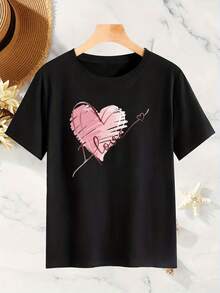 Camiseta de algodón puro para mujer, camiseta con diseño de corazón, de manga corta, suave y elástica, top casual de cuello redondo, adecuada para primavera y otoño, elasticidad media, ajuste cómodo, material no transparente, tela confortable. - Negro - Ver 2