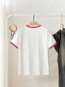 Camiseta de cuello redondo de color liso con detalles de lazo de pedrería de estilo minimalista - Multicolor 2 - Ver 2