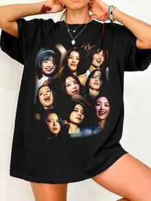 Twic.E OT9 Concert Stage Photo Collage T-Shirt. Vintage Graphic Print, Casual Black Cotton Short-Sleeved T-Shirt. - Black - View 1