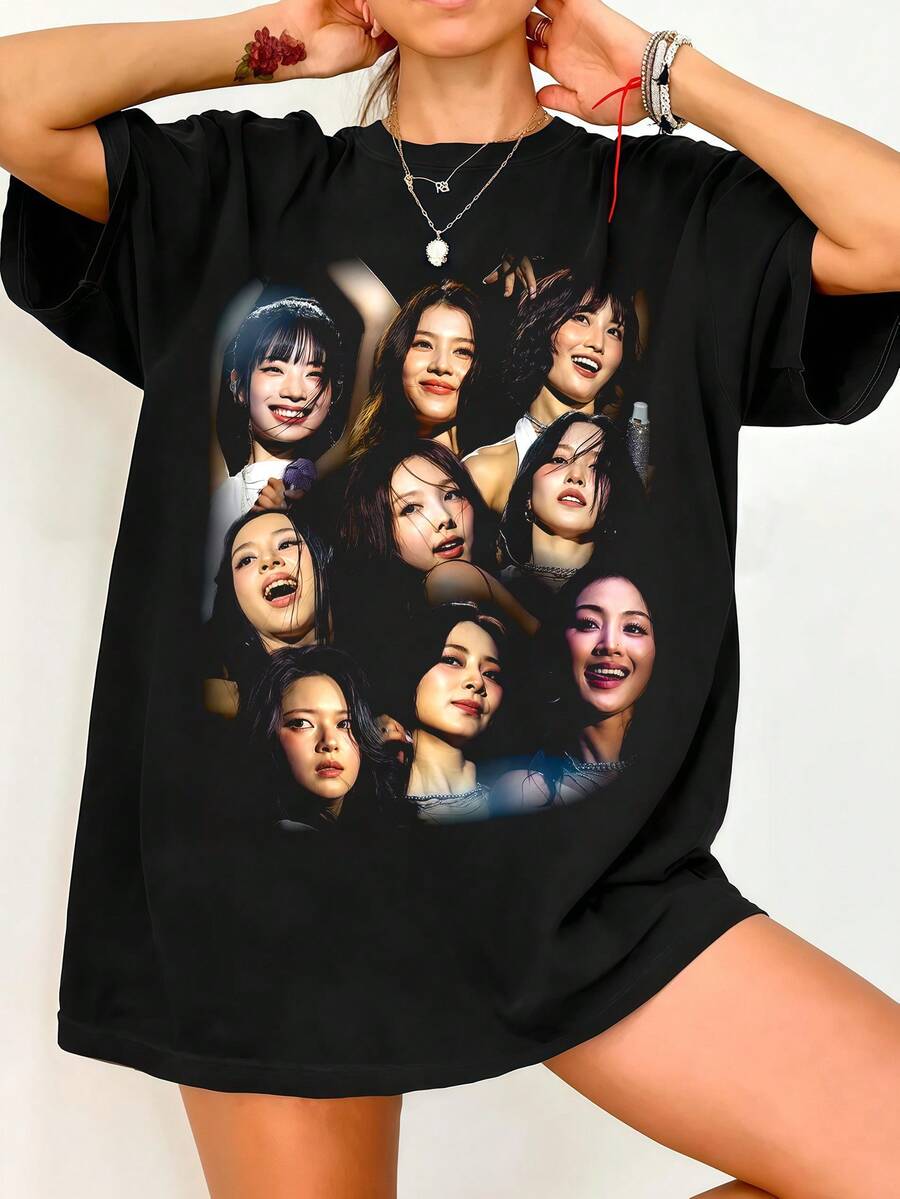 Twic.E OT9 Concert Stage Photo Collage T-Shirt. Vintage Graphic Print, Casual Black Cotton Short-Sleeved T-Shirt. - Black - View 1