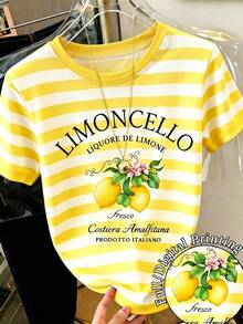 Áo thun nữ tay ngắn cổ tròn in họa tiết sọc vàng chanh LIMONCELLO, trang phục mùa hè cho nữ, phù hợp đi nghỉ mát, đi biển. - trắng - Xem 1