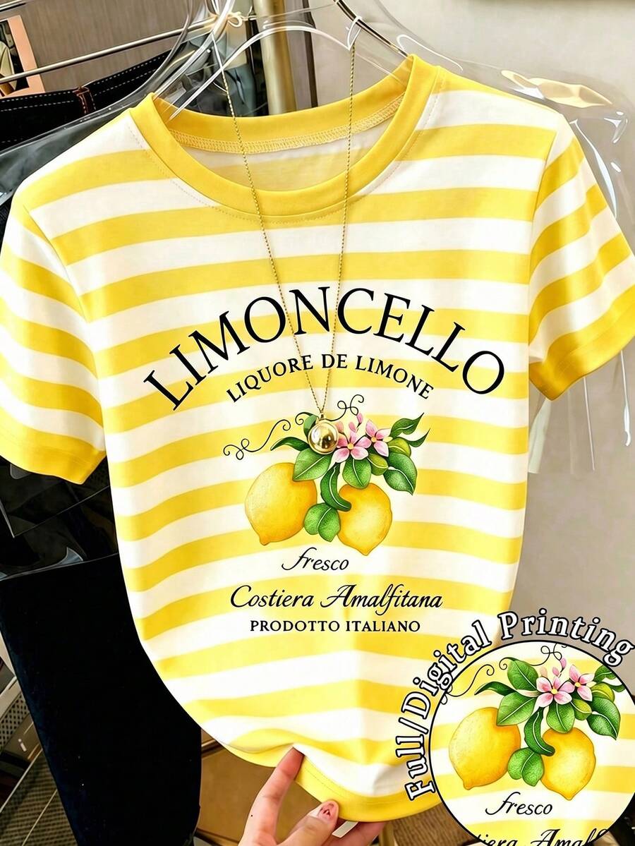 Áo thun nữ tay ngắn cổ tròn in họa tiết sọc vàng chanh LIMONCELLO, trang phục mùa hè cho nữ, phù hợp đi nghỉ mát, đi biển. - trắng - Xem 1