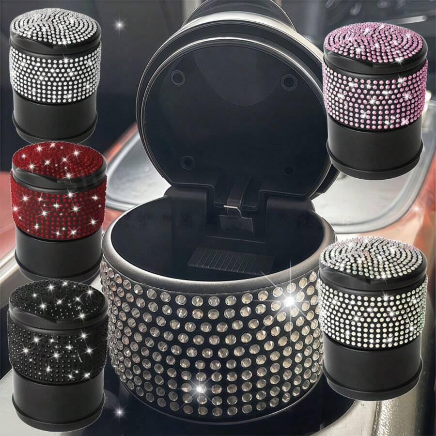 Sparkling Rhinestone Ashtray With Lid, Sealed Smoke Odor-Proof Car Accessory, Fully Crystal-Embellished Elegant Design, Portable For Multiple Scenes, ABS Wear-Resistant Car Interior Modification Part - Diamond-encrusted Car Ashtray - View 1