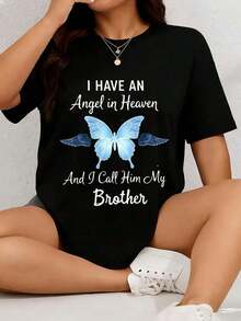 Tengo un ángel en el cielo y lo llamo mi hermano. Camiseta gráfica con estampado de mariposa azul para verano. - Negro - Ver 1