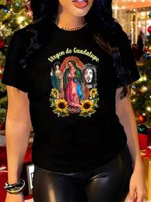 NewSummerCasualBlusa de Mujer Extra Grande y Extra Grande, 1 pieza, Hermosas Blusas de Mujer, Ropa de Mujer, Conjuntos de Mujer, Camiseta de la Virgen de Guadalupe en Blanco y Negro con Estampado de Girasol, Cuello Redondo de Alta Calidad, Unisex, Holgada, Casual, Diaria, Transpirable, Lavable a Máquina, Tallas Cómodas desde S a XXL, Adecuada para Uso Diario, Deportes Casuales y Todas las Estaciones, Esenciales para Navidad y Halloween, 100%. Camiseta unisex de algodón holgada de manga corta y cuello redondo estilo vintage urbano - Negro - Ver 1