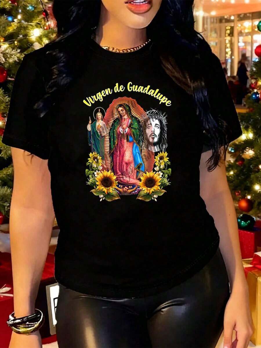 NewSummerCasualBlusa de Mujer Extra Grande y Extra Grande, 1 pieza, Hermosas Blusas de Mujer, Ropa de Mujer, Conjuntos de Mujer, Camiseta de la Virgen de Guadalupe en Blanco y Negro con Estampado de Girasol, Cuello Redondo de Alta Calidad, Unisex, Holgada, Casual, Diaria, Transpirable, Lavable a Máquina, Tallas Cómodas desde S a XXL, Adecuada para Uso Diario, Deportes Casuales y Todas las Estaciones, Esenciales para Navidad y Halloween, 100%. Camiseta unisex de algodón holgada de manga corta y cuello redondo estilo vintage urbano - Negro - Ver 1