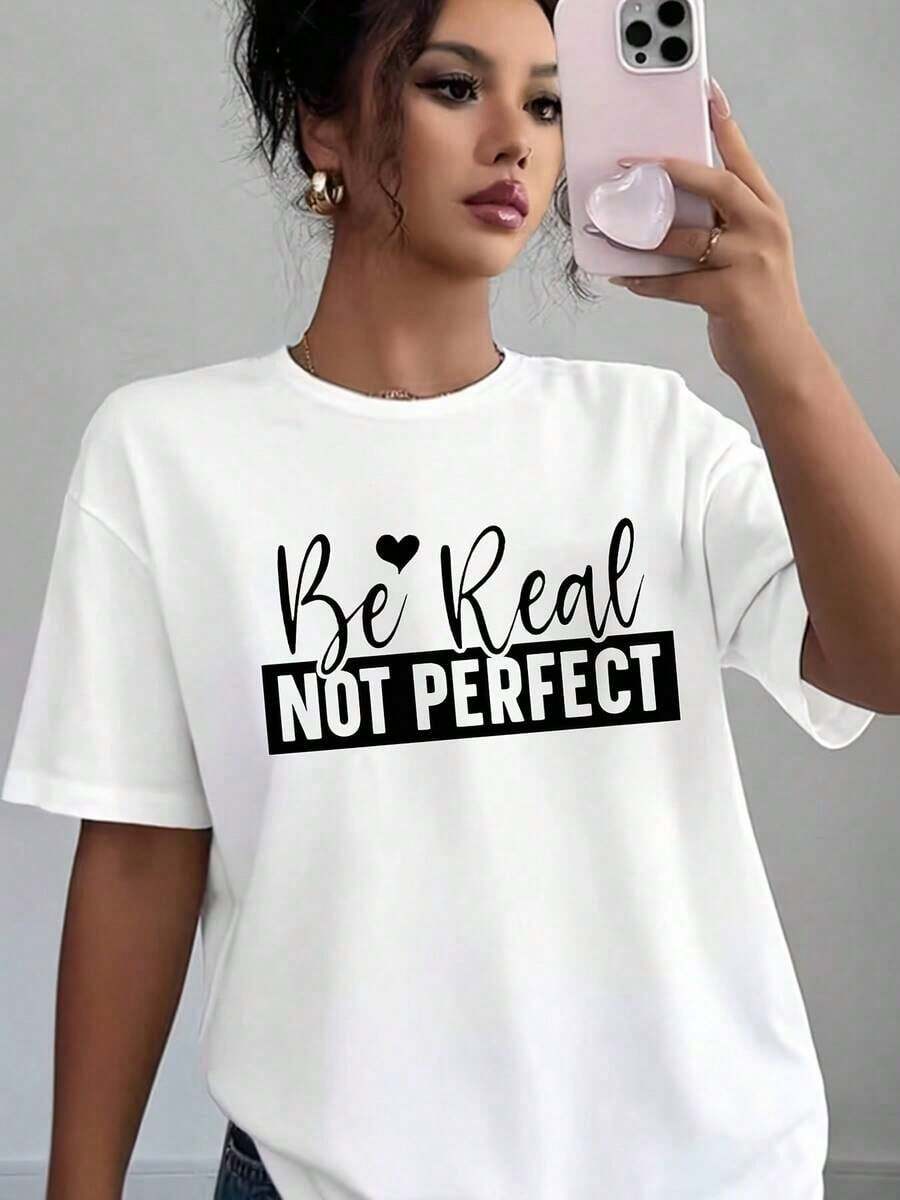 Women's Casual T-Shirt With "Be Real Not Perfect" Print, Soft And Comfortable, Gift For Birthday, Valentine's Day, Mother's Day > Beautiful. - 白色 - 查看 1