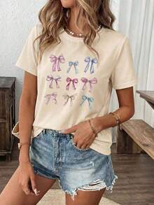 Soft 100% Cotton Women's Casual Round Neck Short Sleeve T-Shirt With A Lovely Bow Print, Regular Fit, Breathable, Goes With Everything, Cool And Modern. - 杏色 - 查看 2