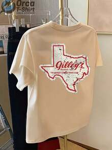 Camiseta de manga corta de estilo casual vintage, con estampado en la parte delantera y trasera, que presenta un mapa de Texas y el diseño de la palabra "Gilley's", adecuada para el uso diario en verano, ideal como regalo para parejas y amigos. - Albaricoque - Ver 3