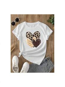 YOCASA Camiseta Casual de Verano para Mujer, con Cuello Redondo, Ajustada y Manga Corta, con Estampado de Pintura al Óleo, Floral, Corazón, Cereza y Patrones de Letras. Tejido Casual Simple, Estilo Deportivo, Ideal para Uso Diario y Citas de San Valentín. 1 pieza, 180G Pure Heavy, 95% Poliéster 5% Spandex. - Blanco - Ver 2