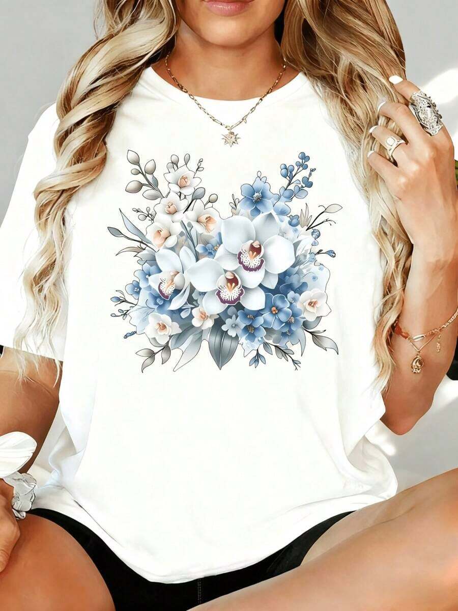 Camiseta de manga corta para mujer y blusa blanca de dos piezas para ocio al aire libre y hogar, con estampado floral, corte holgado, top casual de verano para mujer con diseño de orquídeas azules y blancas, blusa de manga corta con cuello redondo de gran tamaño, camiseta de regalo para fiestas de verano. - Blanco - Ver 1