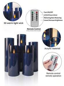 5件組無火燭光燈套組，附定時遙控器，電池供電仿真蠟燭，適用於聖誕節、萬聖節、情人節、母親節、婚禮、派對、禮物、節日 - 深藍暖光 - 查看 10