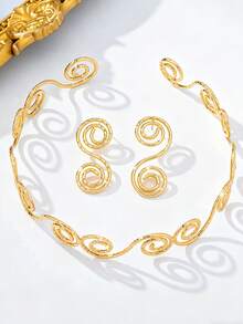 3pcs Women Jewelry Set, Exaggerated Vintage Elegant Hollow Geometric Spiral Necklace & Earrings Set, Suitable For Beach, Party, Banquet And Daily Wear - Yellow Gold - View 4