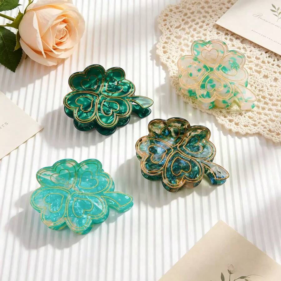 1pc Bohemian Lucky Four-Leaf Clover Hair Clip, Fresh Green Hair Claw, Brings Good Luck Summer Hair Accessories - Multicolor - View 1