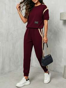 Women's New Contrast Stripe Tee And Elastic Waist Straight Leg Pants 2 Pieces Set, Suitable For Spring, Summer And Autumn - Burgundy 29 + Apricot 13 - View 3