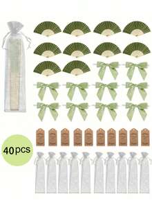 木质婚礼扇套装（扇子、薄纱袋、领结、贺卡），耐用竹制扇骨，手工扇，优雅绿色折叠扇，适用于婚礼、洗礼、圣诞节、情人节 - 复古家居装饰礼品、婚礼装饰、经典设计 - 多色 - 查看 1