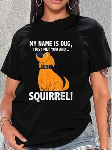 Ilustración divertida de un perro naranja con expresión amigable y mensaje humorístico que transmite alegría y simpatía perfecta para amantes de los animales camiseta de mujer de manga corta  casual cómoda para uso diario - Negro - Ver 6