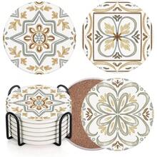 6 Pcs Minimalist Black White Line Coasters, Stylish Geometric Drink Coasters With Storage Rack For Bar & Home Use - Boho - View 6