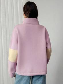 Printed, Half Zip- Drawstring Waist, Sweatshirt - Pink - View 2