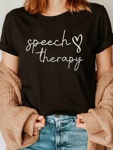 Estilo Profesional Cálido: Camiseta de Mujer con Cuello Redondo y Manga Corta Estampada con Tema de Logopedia para Primavera y Verano, Perfecta para Salidas Casuales, Regalos de Vacaciones y Reuniones con - Negro - Ver 1