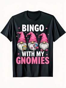 Funny Bingo T-Shirt With Gnomes For Men And Women, With The Slogan "Bingo With My Gnomes", Pink Gnome Print, Soft And Breathable, Large Size L (Black With Pink Gnomes), T-Shirt For Easter, Father's Day, Mother's Day, For Mom, The Best Mom In The World, Graphic Gift T-Shirt. - 黑色 - 查看 6