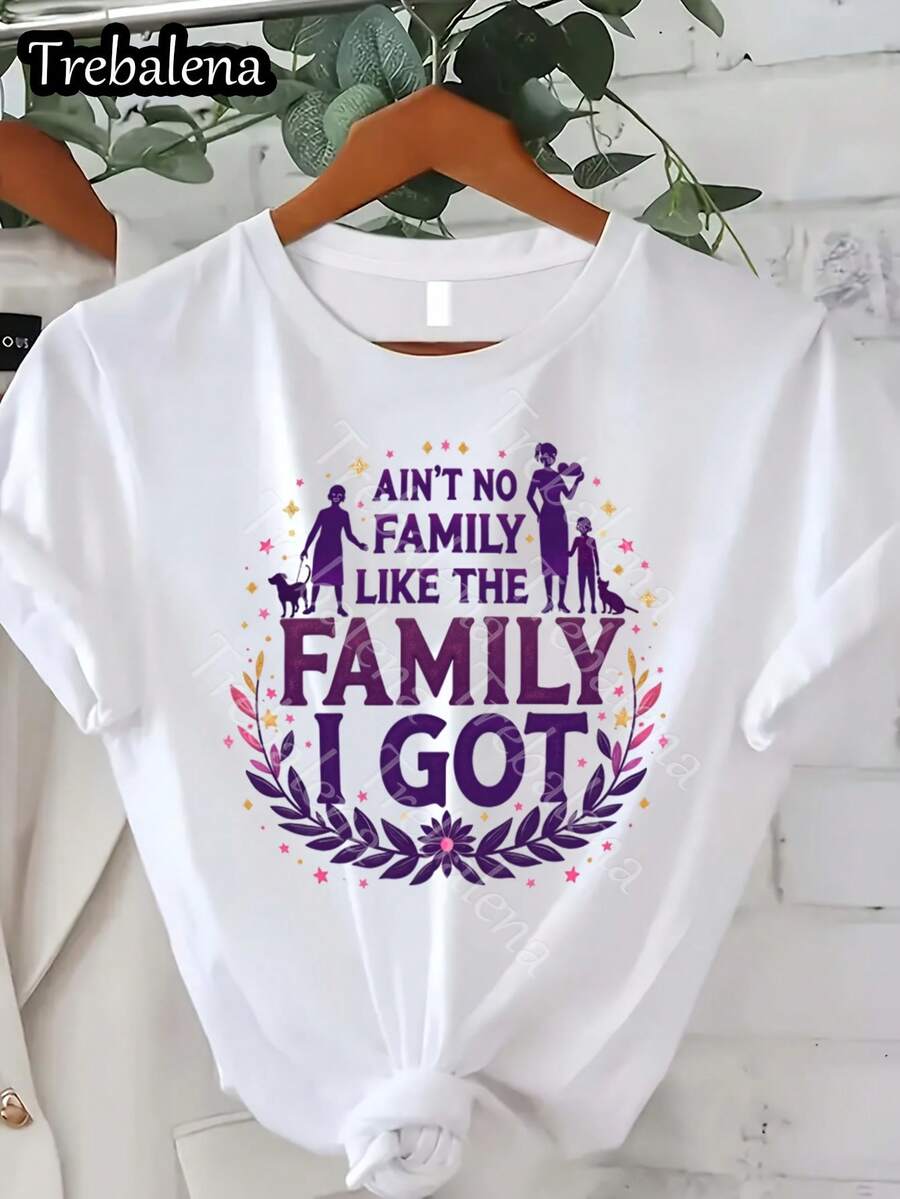Talla Grande - Camiseta de Cuello Redondo Talla Grande con Letras Coloridas "No Hay Familia Como La Que Tengo" 100% Algodón, Camiseta de Manga Corta, Top Casual a la Moda, Ropa de Mujer para Primavera/Verano, Ideal para el Día de la Madre/Aniversario/Día del 1 de Junio, Tallas 0XL-4XL - Blanco 8 - Ver 1