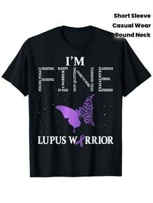 Warrior Lupus Awareness T-Shirt - 100% Cotton Black T-Shirt With Purple Ribbon And Butterfly Design, Inspirational Print About Symptoms, Regular Fit, Short Sleeve, Crew Neck, Holiday Gifts For Men, Women, Family And Friends, Lupus Awareness Products, Casual Wear, Motivational Print, All-Season Fabric. - 黑色 - 查看 2