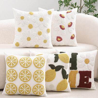1pc/2pcs Velvet Pillow Cover With Lemon Flower Embroidery, Canvas Fabric, Spring/Summer Vacation Style Cushion Cover For Sofa, Bedroom, Home Decor, Holiday Gift
