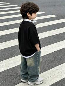 Camiseta informal de manga corta y cuello redondo para niño suave con estampado de Los Ángeles gótico, para primavera y verano.White - Negro - Ver 2