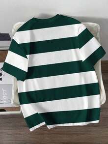 Minimalist Blue Striped Casual T-Shirt, Suitable For School, Going Out, Simple And Versatile, Summer Style - 綠色 - 查看 3