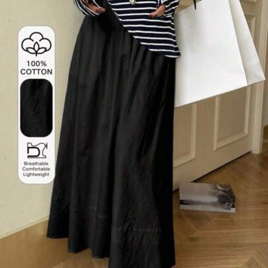 Women's Plain Elastic Waist Long Casual Skirt Fall Skirts - Negro - Ver 1