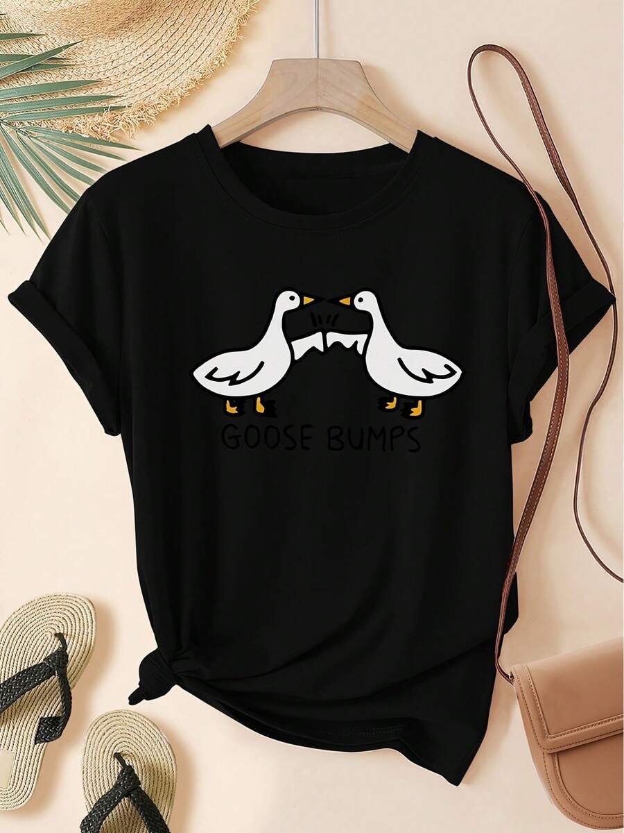Women's T-Shirt With English Letter Print By Goose, Fresh Summer Style, Round Neck And Short Sleeves, Sporty And Casual, Apricot Color, Sizes S-XXL. - 黑色 - 查看 1