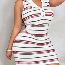 Slayr Spring/Summer New Casual Street & Vacation & College & Daily Outing & Casual & Beach & Music Festival Fitted Sleeveless Shirt Collar Half-Open Dress Colorful Striped Contrast Mini Bodycon Knitted Sweater Dress, Plus Size - Multicolor - Ver 7