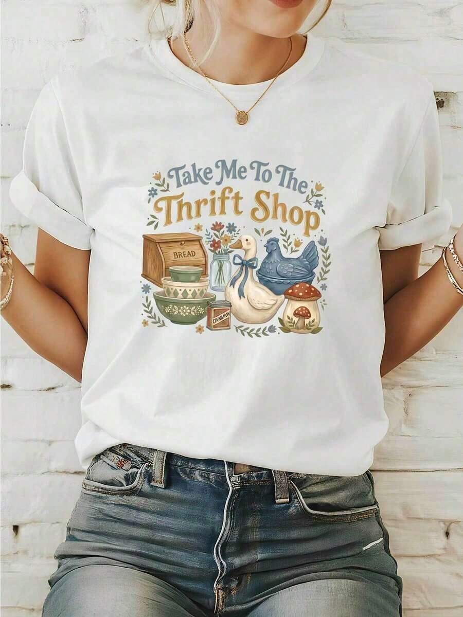 Women's Plus Size Funny Goose Print T-Shirt 'Take Me To The Thrift Store', Casual Crew Neck, Short Sleeve, For Everyday Wear In Spring, Summer And Autumn, Breathable And Comfortable, Gift For Thrifty Shopping Lovers, Machine Washable, For Women - 白色 - 查看 1