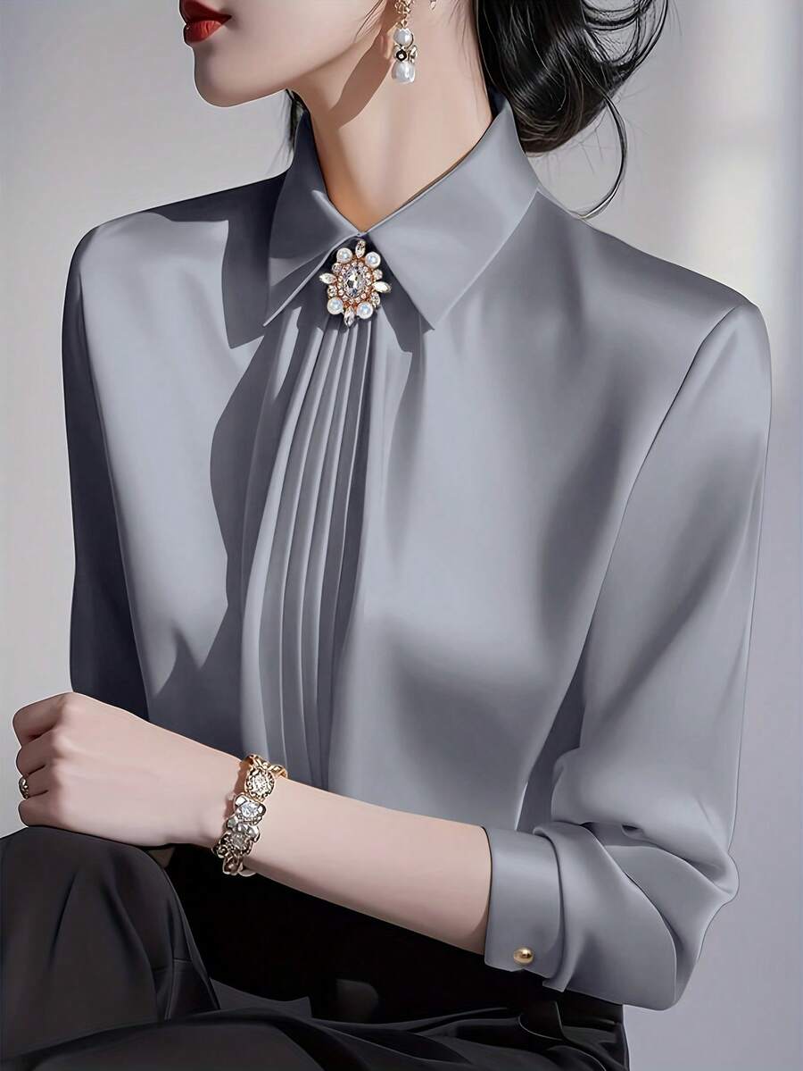 纯色翻领长袖衬衫,时尚优雅的办公通勤百搭长袖女式衬衫 - 灰色 - 查看 1