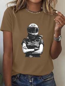 Women's Short-Sleeved Top With A Round Neck In Pure Cotton, Modern Printed Design, Cool And Breathable Fabric, Versatile Garment For Casual Looks, Everyday Occasions And Social Gatherings All Year Round - 卡其色 - 查看 1