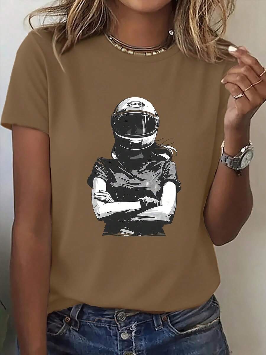 Women's Short-Sleeved Top With A Round Neck In Pure Cotton, Modern Printed Design, Cool And Breathable Fabric, Versatile Garment For Casual Looks, Everyday Occasions And Social Gatherings All Year Round - 卡其色 - 查看 1