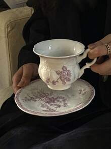 1 pieza Juego de vajilla de cerámica francesa retro rosa con relieve, que incluye plato de servir, taza de café y platillo, bol de arroz, bol de postre, vajilla, plato de cerámica, serie de taza de café y platillo, plato de postre, regalo de vacaciones/recuerdo Vuelta al colegio - Multicolor - Ver 4