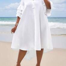 Women Solid Color Simple Casual Beach Short Sleeve Layered Ruffle Sleeve Shirt, Uneven Hem Mid-Length Dress,Graduation Dress - Rosa - Ver 8