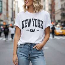 Women's Cotton T-Shirt With "NEW YORK ESTD 1788" Print, Classic Round Neck, Short Sleeve, Casual Style, Loose Fit, Sizes S-5XL, Vintage Letter Print For Everyday Wear, In Black And White. - 白色 - 查看 12