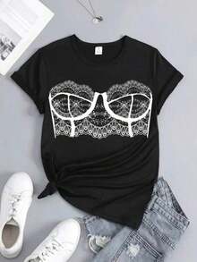 blusas para mujer playeras de mujer blusas casuales para dama  Playera oversize de algodón con estampado de "Lace Illusion"casual de moda para mujer SX2R - Negro - Ver 1
