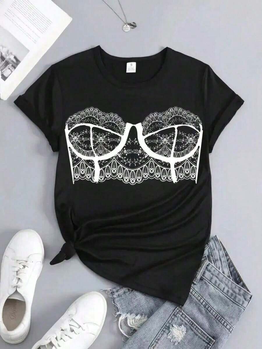 blusas para mujer playeras de mujer blusas casuales para dama Playera oversize de algodón con estampado de "Lace Illusion"casual de moda para mujer SX2R - Negro - Ver 1