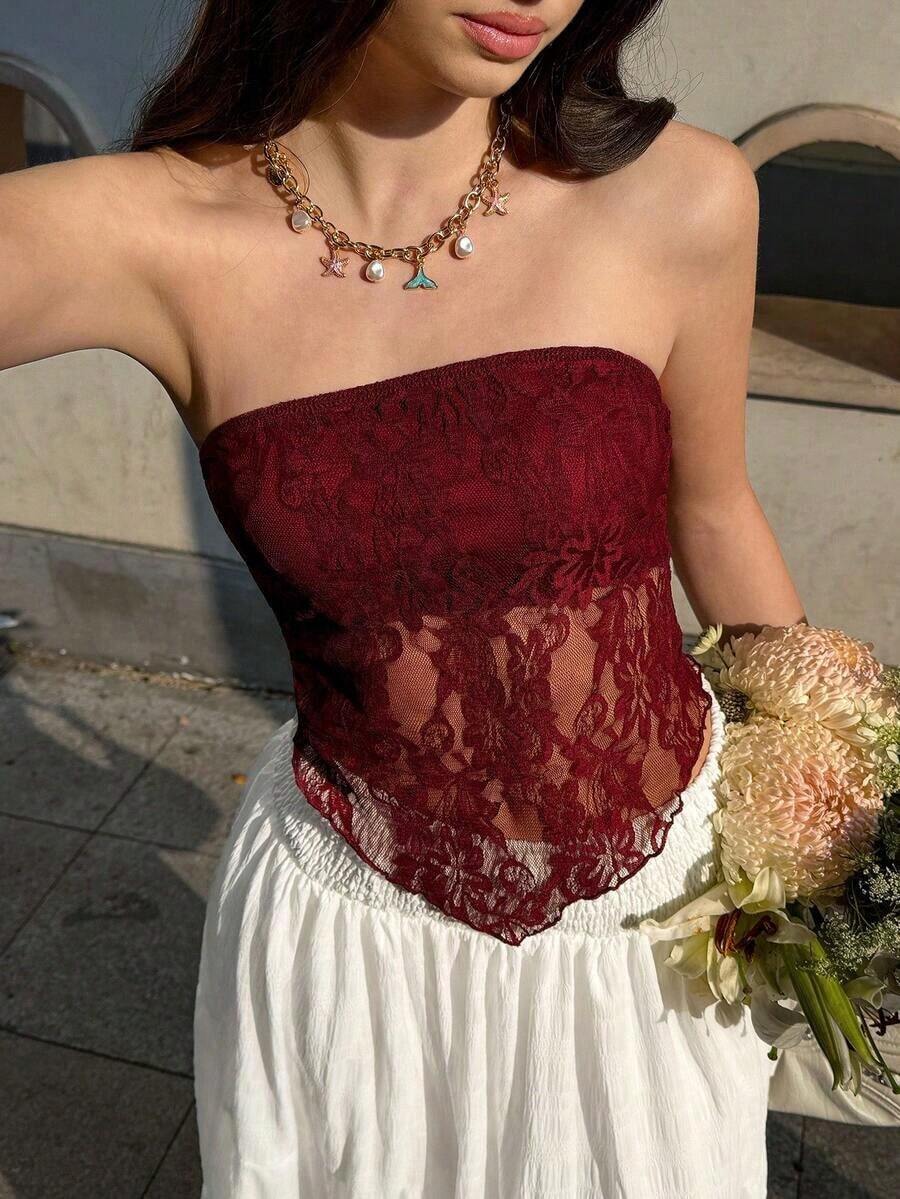 Top bandeau ajustado con bajo asimétrico de tela de encaje sexy y casual, color marrón - Burdeos - Ver 1