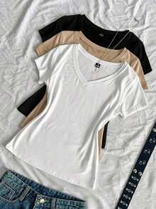 3 piezas Camisetas ajustadas de cuello en V de verano para mujer, camisetas básicas de manga corta de ajuste ceñido de unicolor con estampado de anime de la subcultura punk - Multicolor 3 - Ver 1