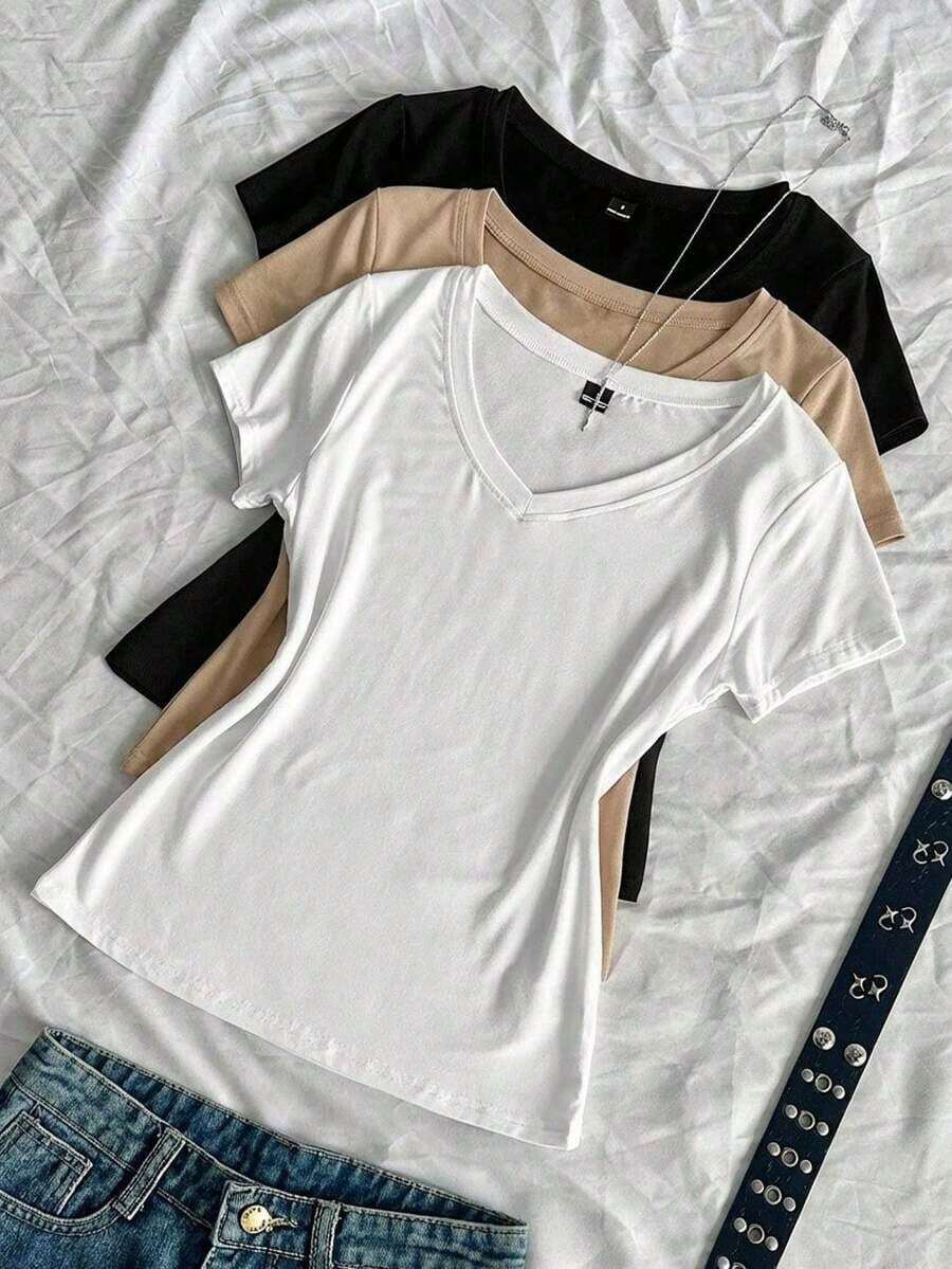 3 piezas Camisetas ajustadas de cuello en V de verano para mujer, camisetas básicas de manga corta de ajuste ceñido de unicolor con estampado de anime de la subcultura punk - Multicolor 3 - Ver 1